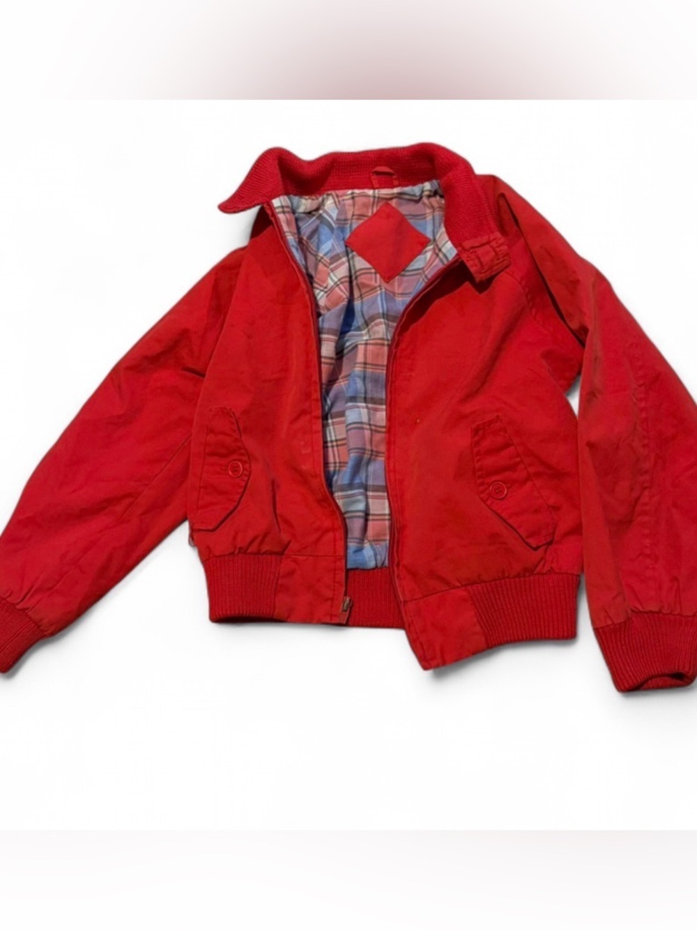 Vintage Kids Red Bomber Jacket Plaid Lined Zip Youth Distressed Retro